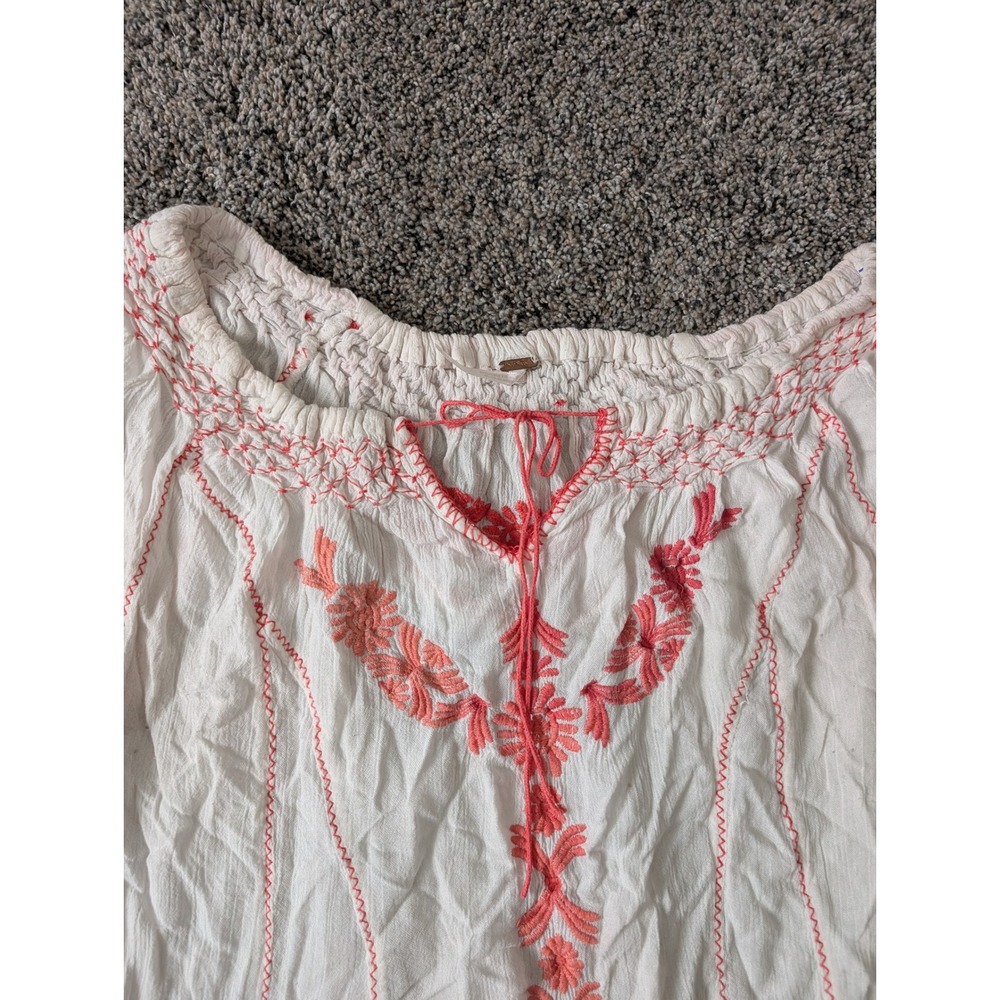 Free People White Coral Embroidered Gauze Peasant Blouse Top Medium - Picture 2 of 6